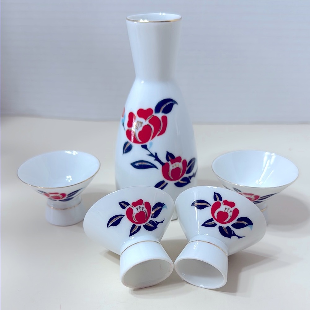 Vintage Ozeki 5 Pc Porcelain Sake Set Floral Lotus Design by Tajami Red and Blue